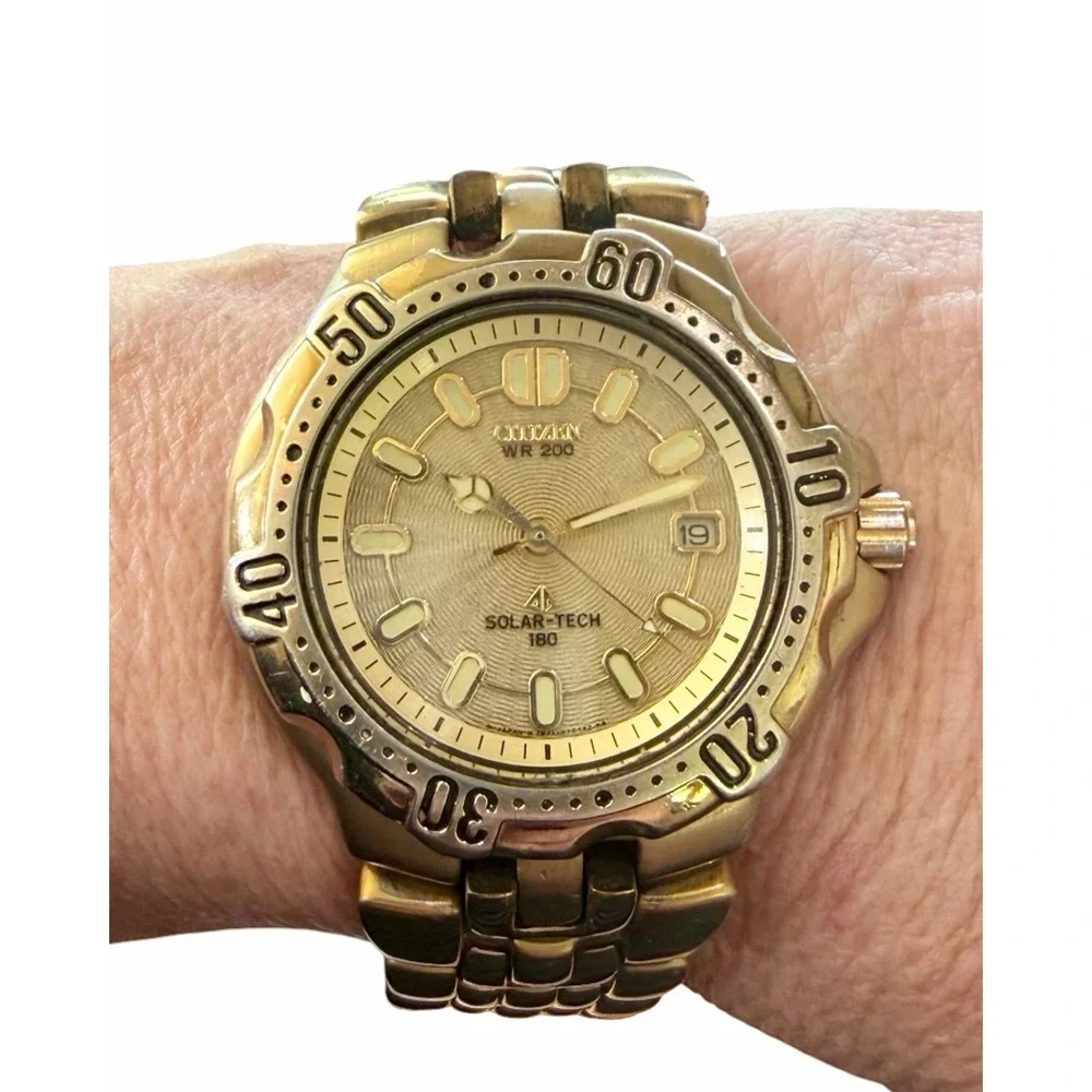 Citizen Eco-Drive Solar-Tech 180 Gold Tone WR200 Watch Working New Cell